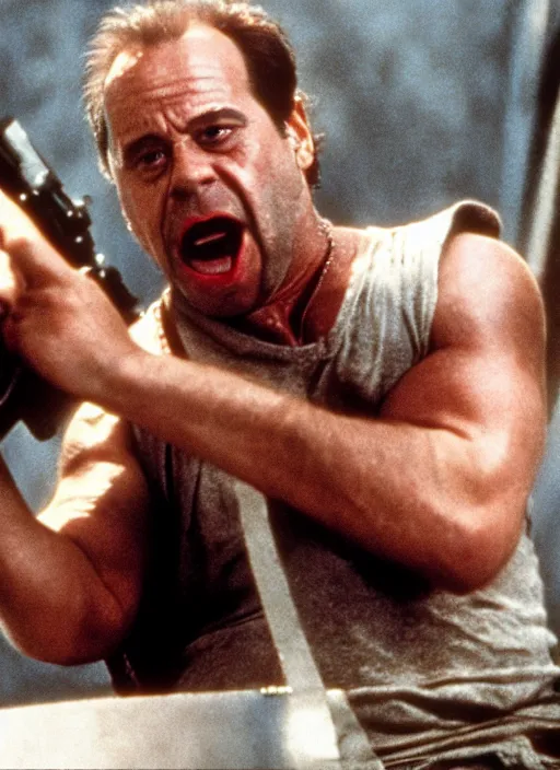 Image similar to film still of Danny DeVito as John McClane in Die Hard, 4k