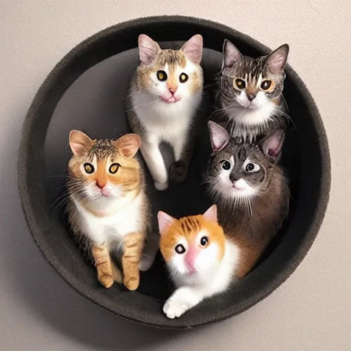 Image similar to a wheel made out of cats, realism, realistic, hyperdetailed, highly detailed, detailed fur, cute, soft