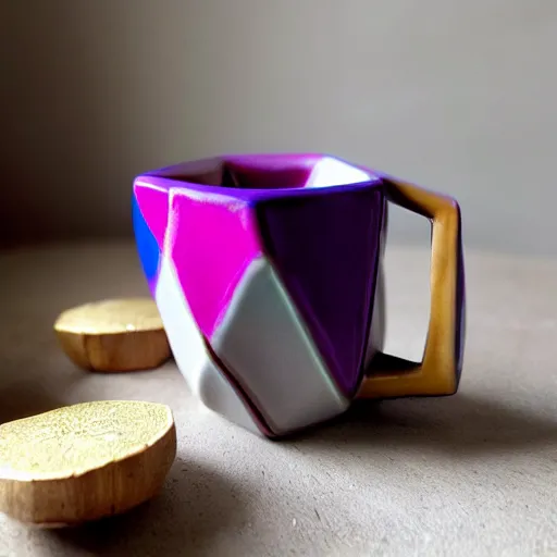 Image similar to tall icosahedron triangle ceramic mug with pink and purple pearlescent glaze