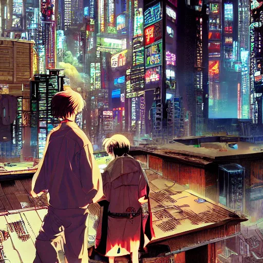 Image similar to Inside a gang hideout, cyberpunk rooftops, Smoke, wide angle, cinematic shot, highly detailed, cinematic lighting , photorealistic, 8K, created by Hideaki Anno + Katsuhiro Otomo +Rumiko Takahashi