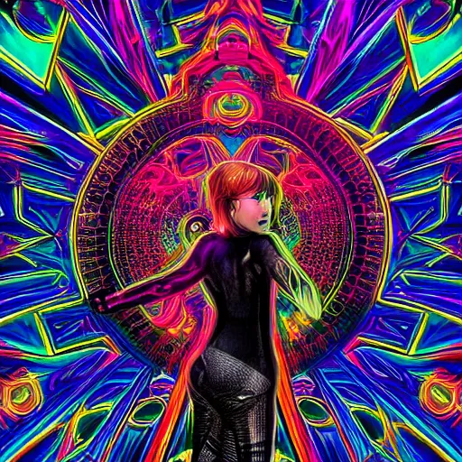 Image similar to long Shot of psychedelic Black widow standing in mysterious chromatic astral temple , beautiful, dmt, omnious, soft, hypermaximalistic, high details, cinematic, 8k resolution, artwork by Wong, Liam