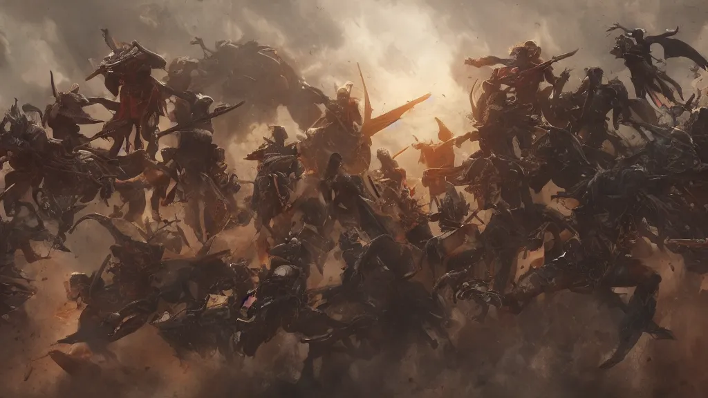 Image similar to patrick j. jones. rutkowski. from high above i see the last of my warriors surrounded by giant demons. this is my last chance. 3 8 4 0 x 2 1 6 0