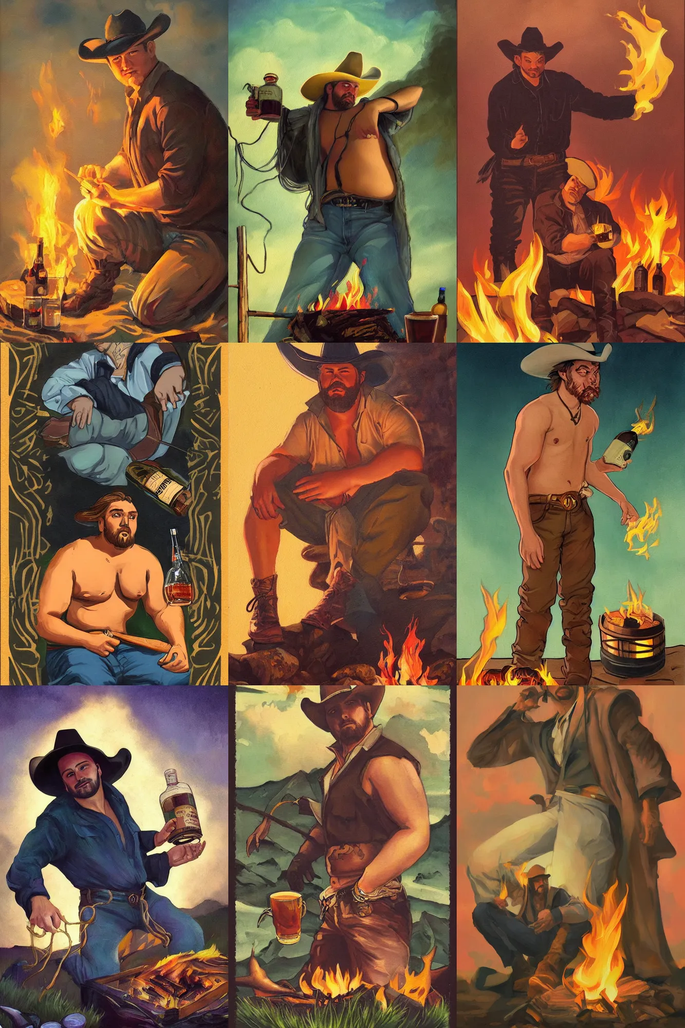 Prompt: a dramatic, ethereal painting of a handsome thicc mischievous cowboy with an open shirt sitting behind a campfire at night with food and jugs of whisky | tarot!! card, art deco, art nouveau | by Mark Maggiori | trending on artstation
