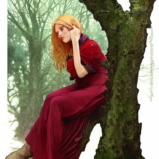 Prompt: portrait of a woman resting on large tree, regal dark red clothing, blonde hair, green lines, sharp focus, intricate, cinematic lighting, smooth, ultra realistic illustration, high fantasy, elegant, by artgerm, greg rutkowski, alphonse mucha magali villeneuve