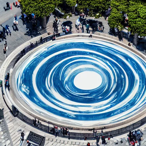 Image similar to A white and blue marble sculpture of The Great Wave off Kanagawa in the middle of an Italian piazza, midday, 4k photograph, sunny day, long shot, overhead view, far away