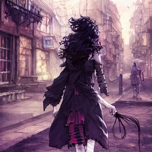 Image similar to goth woman walking on the street, color page, tankoban, 4 k, tone mapping, akihiko yoshida, james jean andrei riabovitchev marc simonetti, yoshitaka amano, long hair, curly, h. hydrochaeri