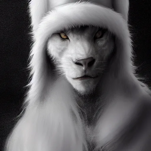 Image similar to portrait of a white panter with a very long fur and wizard hat, fantasy, trending on artstation, heroic pose, illustration, highly detailed, simple, 8k