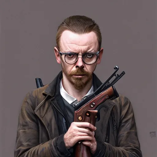 Image similar to portrait painting of simon pegg with a winchester, ultra realistic, concept art, intricate details, eerie, highly detailed, photorealistic, octane render, 8 k, unreal engine. art by artgerm and greg rutkowski and alphonse mucha