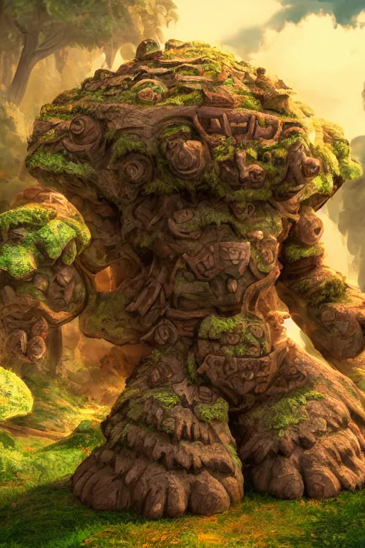 Image similar to zelda fantasy art giant golem troll wood rock greeble gemstone, global illumination ray tracing hdr fanart arstation by sung choi and eric pfeiffer and gabriel garza and casper konefal