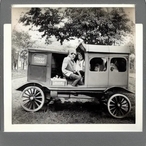 Image similar to polaroid photo of the first ever car produced with people sitting inside of it wearing 1800s clothing.