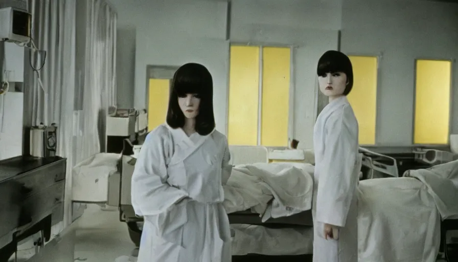 Image similar to 60s movie still of a white japanese female phantom blood with a foetus in an empty hospital with light yellow walls, eastmancolor, heavy grain, high quality, higly detailed, liminal space