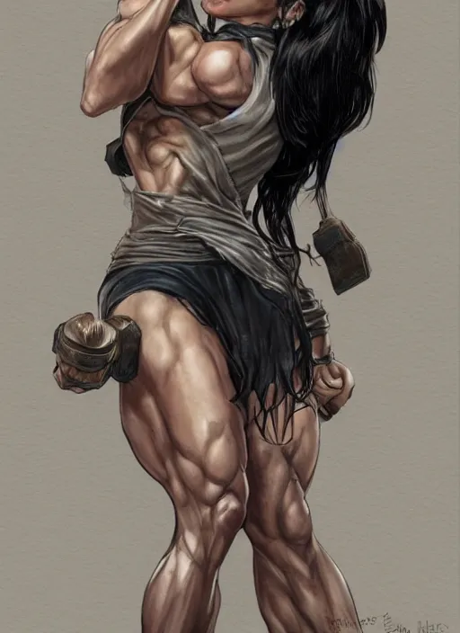 Image similar to a black haired woman in a tank top, muscular upper body, abs, d & d, fantasy, intricate, elegant, highly detailed, digital painting, artstation, concept art, smooth, sharp focus, illustration, art by howard chaykin