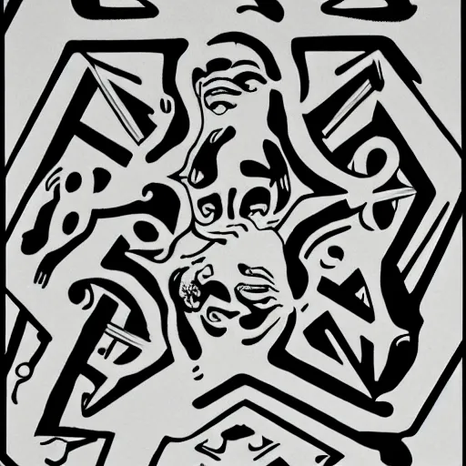 Prompt: Medusa by M.C. Escher, black and white stencil