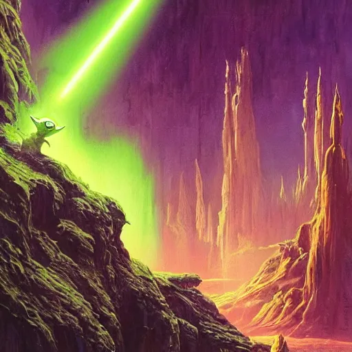 Image similar to portrait of yoda as a lizard wizard, overwhelming energy, detailed background by m. w. kaluta + bruce pennington, dark side, neon color, volumetric lighting, colorful vapor, deep dark color, floating molecules, digital painting, oil painting, artwork by ralph mcquarrie + cory loftis + andreas rocha + paul lehr + ian mcque + eddie mendoza