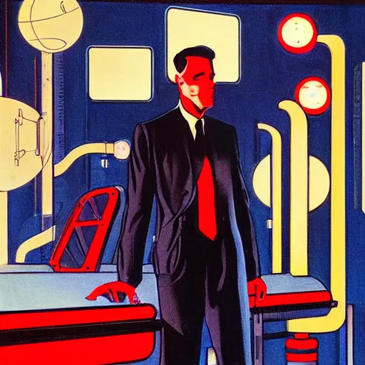 Image similar to man in futurist 6 0 ´ s lab, machines and futurist robots, red lights, leyendecker style, black suit