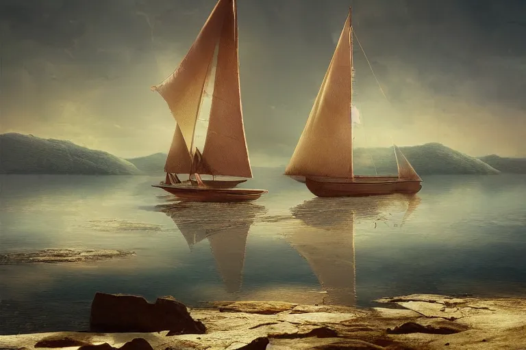 Prompt: sailing boat on a lake of dreams, matte painting, concept art, stunning, ultra sharp focus