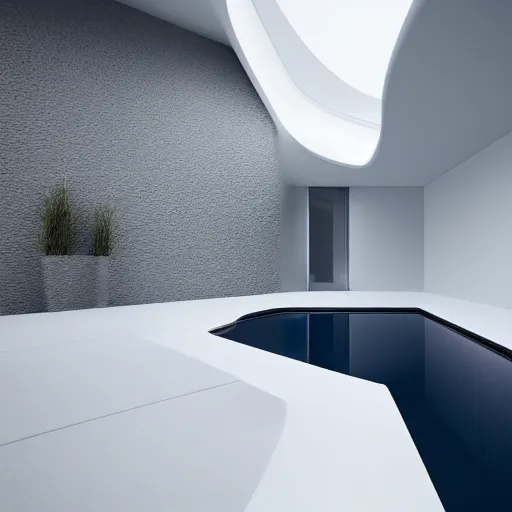 Image similar to white zen clean modern minimalist white room with small pool by peter tarka softly lit well contoured smooth fair walls, up close shot, sharp focus, zen, clean, modern minimalist, zaha hadid octane highly render, 4 k, ultra hd,