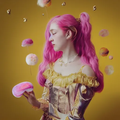 Prompt: 8 k, octane render, realism, tonalism, renaissance, rococo, baroque, portrait of a young lady wearing long harajuku manga dress with flowers and skulls, cotton candy!! ( background chaotic gold leaf flowers )