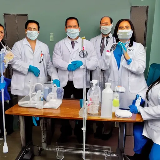 Image similar to doctors playing music with instruments made out of clear tubing, syringes, urine collection bag, iv pole, fluid bag, nebulizer equipment, bag - valve mask, intubation equipment, speculum, defibrillator, coban, flexiseal, picc dressing.