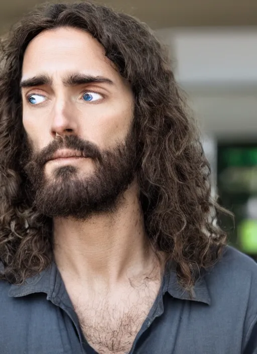 Image similar to jesus looking exhausted while leaving his midday shift at walmart