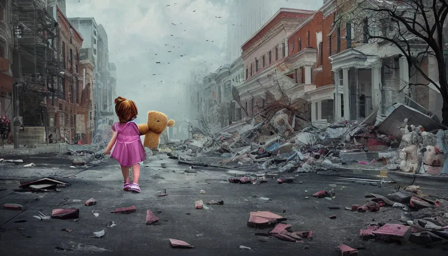 Prompt: back view of little girl and her teddy bear crossing destroyed washington dc's streets, debris, collapsed buildings, cloudy day, hyperdetailed, artstation, cgsociety, 8 k