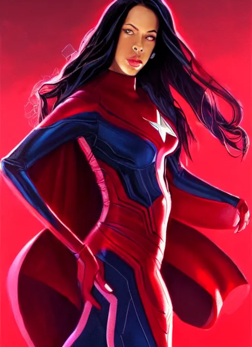 Prompt: full body portrait of marvel cinematic universe aaliyah haughton, red eyes, scarlet witch, elegant, avengers, super hero, red outfit, highly detailed!! digital painting, artstation, glamor pose, concept art, sharp focus, illustration, art by artgerm and greg rutkowski, artey freytag