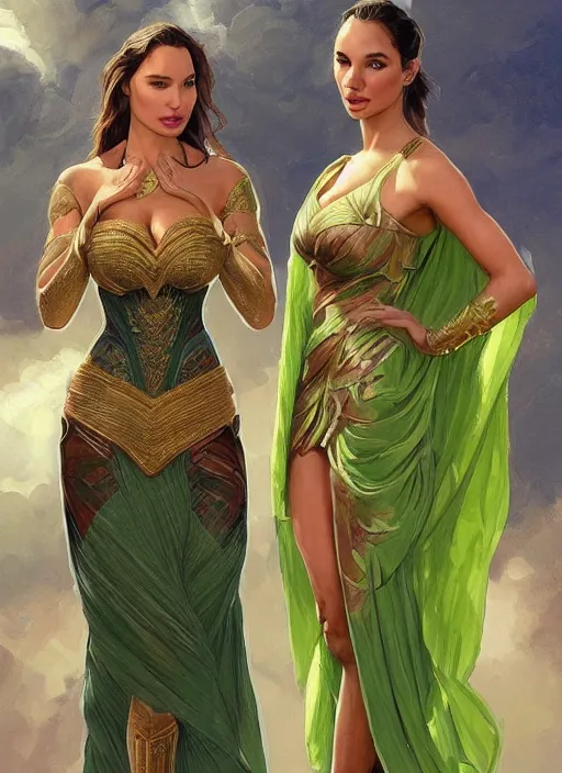 Prompt: lindsey pelas and gal gadot wearing a green kebaya, javanese art, digital painting, artstation, concept art, sharp focus, illustration, art by artgerm and greg rutkowski and alphonse mucha