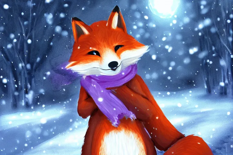 Image similar to an anthropomorphic fox with a fluffy tail wearing a scarf playing in the snow, backlighting, trending on pixiv, digital art, furry art, trending on furaffinity