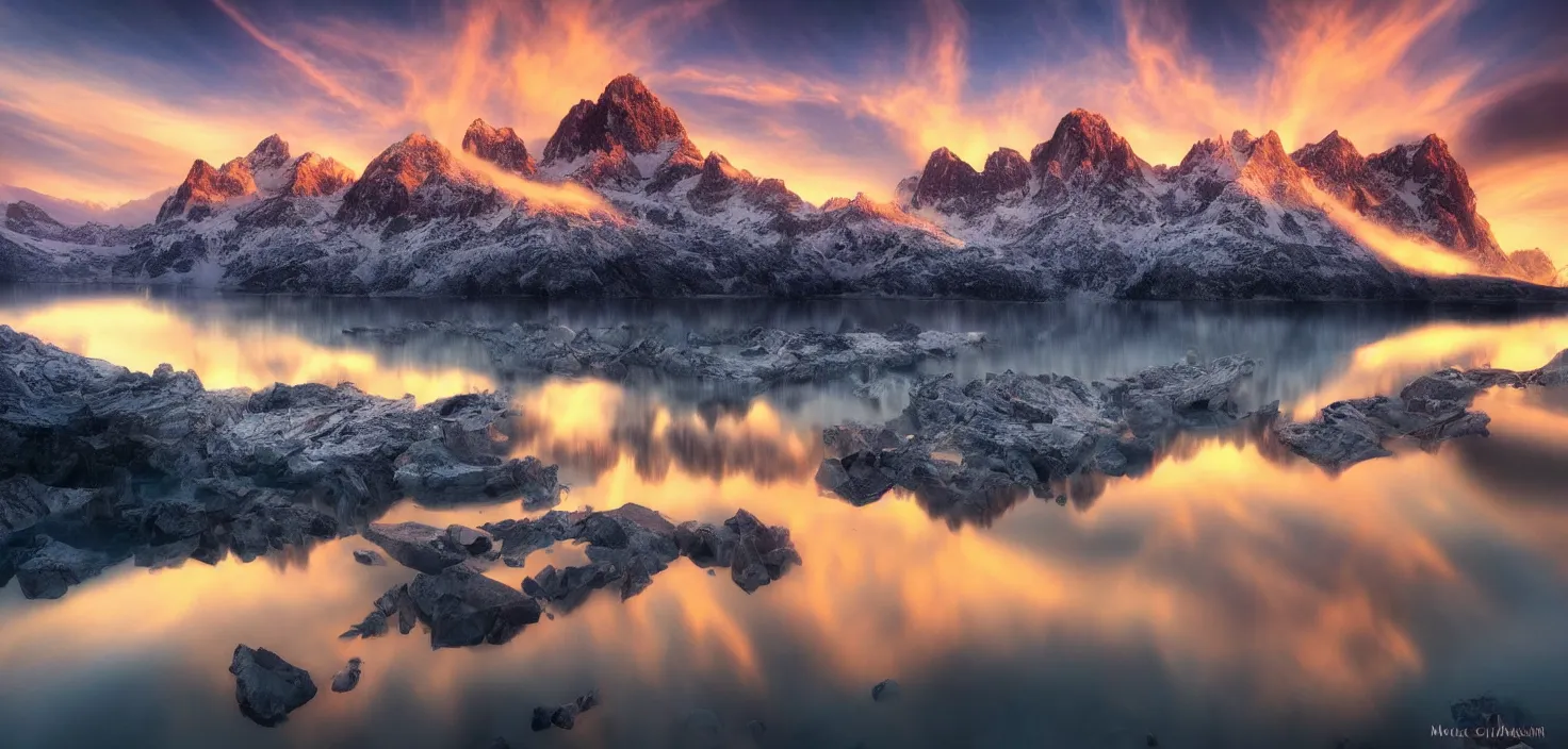 Image similar to amazing landscape photo of mountains with lake in sunset by marc adamus, beautiful dramatic lighting