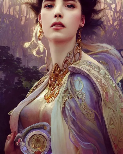 Image similar to a beautiful close up portrait of a sorceress sitting with elegant looks, flowing robe, ornate and flowing, intricate and soft by ruan jia, tom bagshaw, alphonse mucha, krenz cushart, beautiful roman architectural ruins in the background, epic sky, vray render, artstation, deviantart, pinterest, 5 0 0 px models