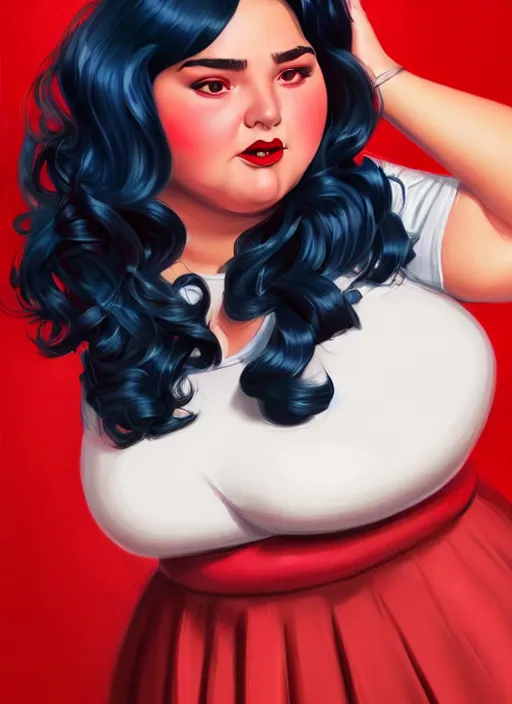 Image similar to full body portrait of teenage veronica lodge, obese, bangs, sultry, realistic, sultry smirk, wavy hair, red skirt, fat, belly, intricate, elegant, glowing lights, highly detailed, digital painting, artstation, concept art, smooth, sharp focus, illustration, art by wlop, mars ravelo and greg rutkowski