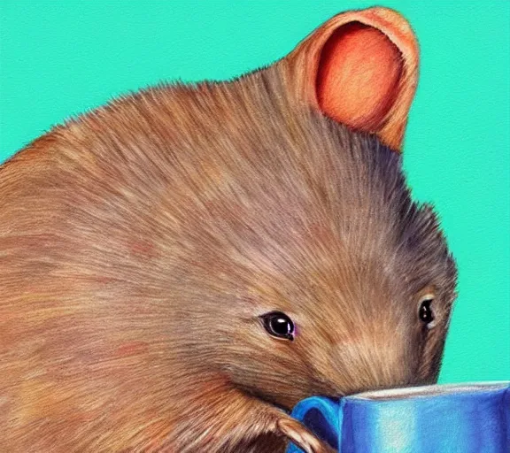 Image similar to awesome colourful digital painting of a wombat sipping a cup of tea