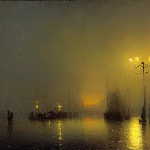 Image similar to New york City, flooded winter, at night, streetlights on, Ivan Aivazovsky