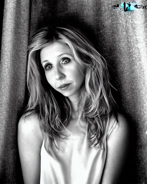 Image similar to award winning photo of Sarah Chalke, chesterfield lounge, symmetrical face, beautiful eyes, studio lighting, wide shot art by Sally Mann & Arnold Newman