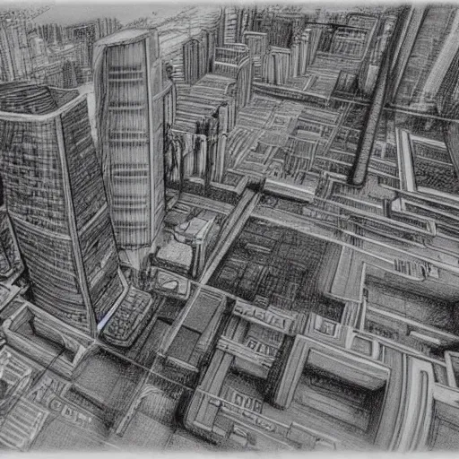 Image similar to a pencil drawing of cyberpunk Manila in the far future
