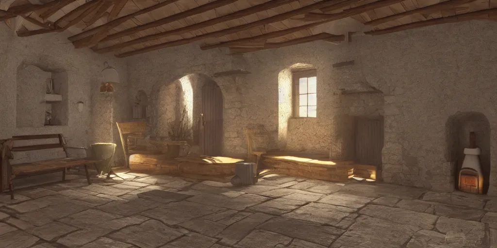 Prompt: medieval cottage interior, blender animation