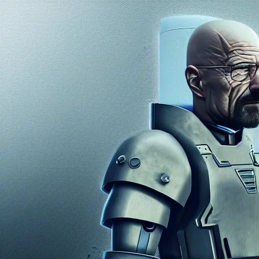 Image similar to Walter White in cybernetic battle armour with shields, 4k octane render, highly detailed, concept art