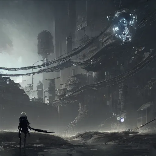 Prompt: stunning nier automata concept art of lone ronin in mechanical wasteland, in the style of wlop, 8 k masterpiece, cinematic lighting, pristine clean design, high fantasy, insanely detailed, atmospheric