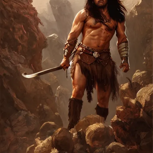 Image similar to Conan the Barbarian, 4k oil on linen by wlop, artgerm, andrei riabovitchev, nuri iyem, james gurney, james jean, greg rutkowski, highly detailed, soft lighting 8k resolution