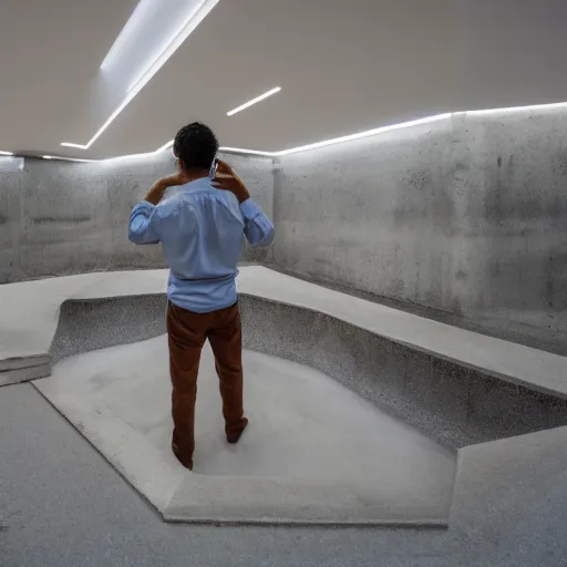 Prompt: a man taking a selfie in a large minimalistic concrete room with upholstered sofas and a rectangular water feature in the center, a tilt shift photo by leandro erlich, featured on cg society, kitsch movement, hall of mirrors, high dynamic range, studio portrait