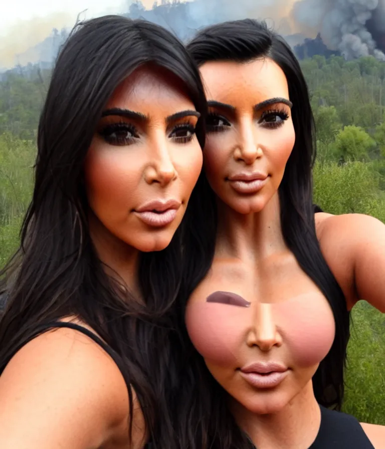 Prompt: A selfie of Kim Kardashian giving a duckface in front of a massive wildfire, selfie, photo, 4k