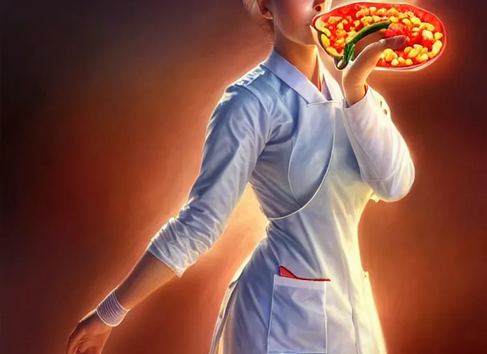 Image similar to a pepper wearing a white doctor's uniform, diffuse lighting, fantasy, hospital background, intricate, elegant, highly detailed, lifelike, photorealistic, digital painting, artstation, illustration, concept art, smooth, sharp focus, art by frank frazetta and marco bucci and loish and rossdraws and artgerm and alphonse mucha