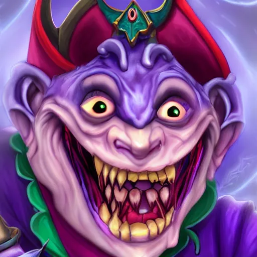 Image similar to a violet evil laughing jester, fantasy digital art, in the style of hearthstone artwork