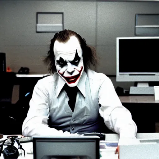 Prompt: jack nicholson as joker working in a cubicle at a computer in 1 9 8 9, fleshtone facepaint coming off, movie still, dslr