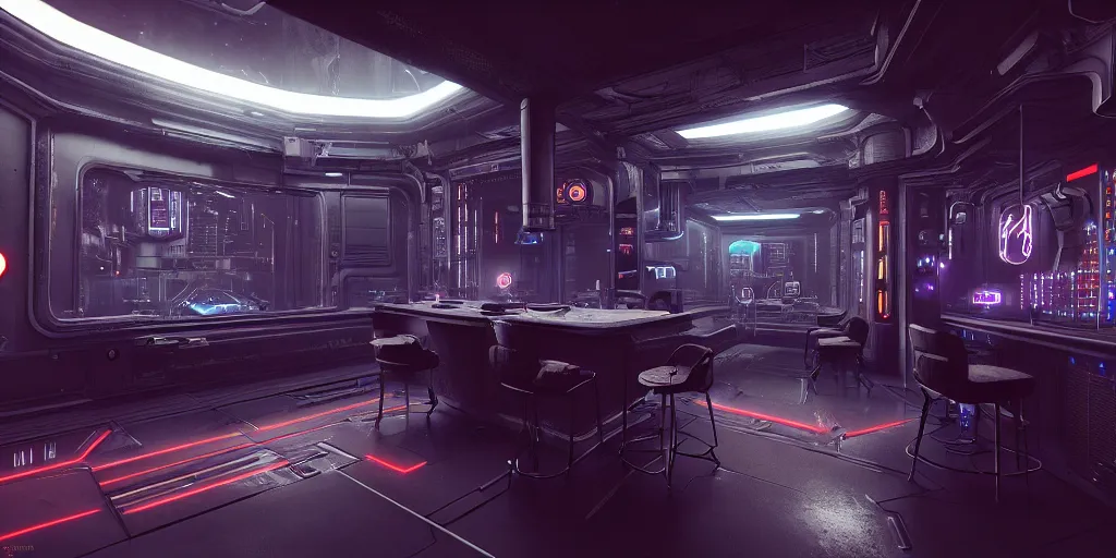 Image similar to ultra detailed photorealistic cyberpunk interior, cinematic light, sci fi, glossy, cybernetic robotic machines, wires, bar, retro futuristic decor, artstation, global illumination, intricate, modern, ultra realistic illustration, matte painting, high detailed, unreal engine, octane render, 4 k, hd, high quality