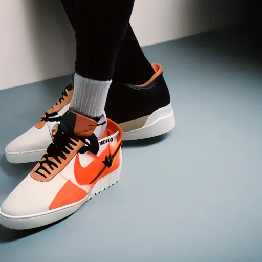 Prompt: a studio photoshoot of A Nike sneaker designed by Virgil Abloh, Off-White, realistictic, color film photography by Tlyer Mitchell, 35 mm, graflex