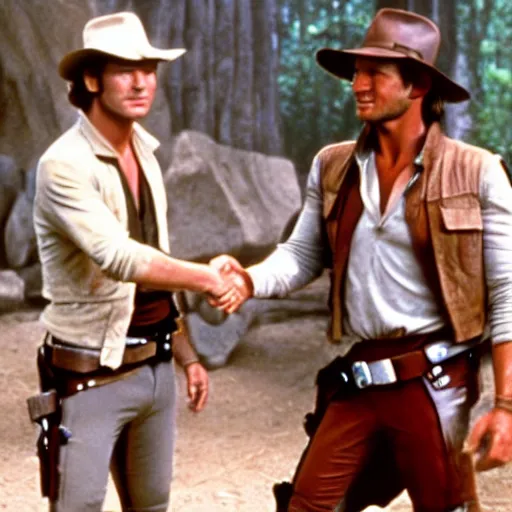 Prompt: Han Solo shaking hands with Indiana Jones, movie still