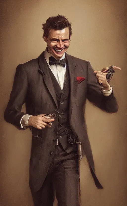 Image similar to Portrait of a smiling man wearing a suit, male, cheerful, jolly, detailed face, victorian, highly detailed, cinematic lighting, digital art painting by greg rutkowski