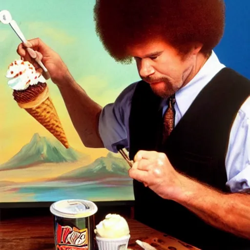 Image similar to Bob Ross painting an ice cream sundae, tv show, 90s, vintage, old-school, artist, brush,
