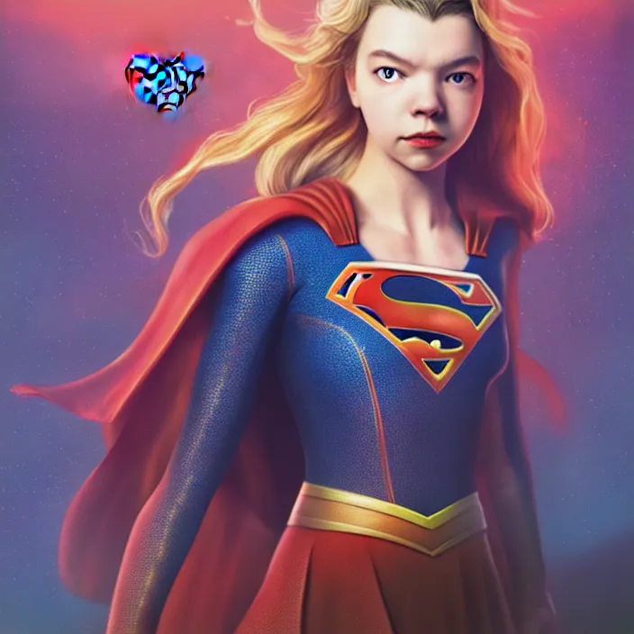 Image similar to anya taylor joy as supergirl. intricate abstract. intricate artwork. by tooth wu, wlop, beeple, dan mumford. octane render, trending on artstation, greg rutkowski very coherent symmetrical artwork. cinematic, hyper realism, high detail, octane render, 8 k, iridescent accents